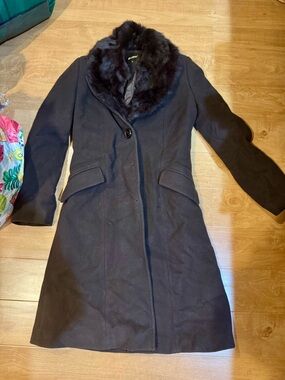 Classic Chocolate Brown Wool-Blend Long Coat with Faux Fur Collar